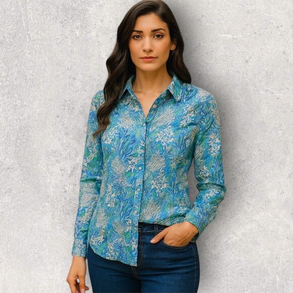 Lilly Pulitzer XS Button Down Shirt Blue Green Coral Print Long Sleeve  Top - Picture 1 of 5